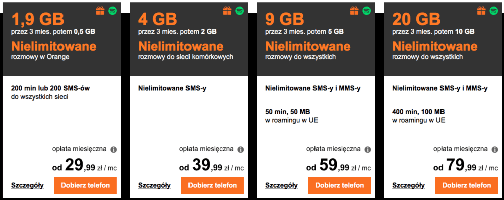У Orange их четыре, все 2-годичные. Цены и условия можете видеть на скриншоте, не будем вдаваться в подробности (единственое - обратите внимание, что пакет трафика через 3 месяца "худеет" в два раза). Опять же в оферте достаточно телефонов, включая новейшие дорогие модели.